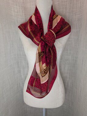 100% Silk Red & Gold Leopard Print Scarf 34"x34" Made in Korea